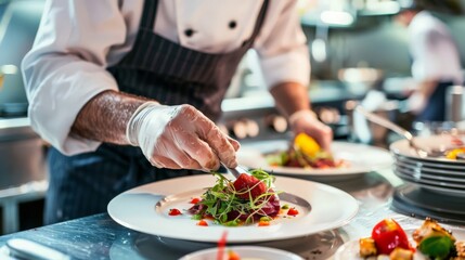 A chef creates gourmet dishes using local ingredients sourced from villages near mountain peaks, highlighting flavors of the alpine region.