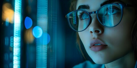 Female engineer wearing glasses working on cybersecurity maintenance in data center at night. Concept Technology, Cybersecurity Maintenance, Data Center, Female Engineer, Night Shift