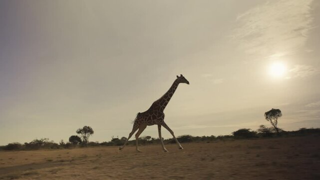 Follow shot of a Reticulated Giraffe (Giraffa reticulata) running full speed in the savana at sunset in kenya