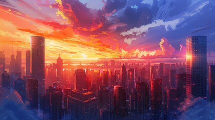Fototapeta premium A city skyline transforms under the glow of a summer sunset, skyscrapers reflecting the warm colors of the sky.