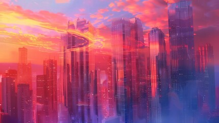 A city skyline transforms under the glow of a summer sunset, skyscrapers reflecting the warm colors of the sky.