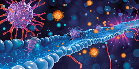 Intricate Virus and Bacteria Visualization - Microscopic View of Pathogens and Cellular Structures
Microbial World Under the Microscope - Detailed Imagery of Viruses and Bacteria Interacting