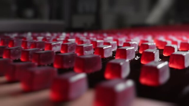 Red jelly candy production on conveyor belt at confectionery factory.