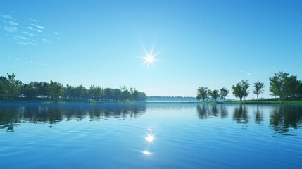 Obraz premium A cloudless, sunny sky over a tranquil lake creates a perfect reflection on the water's surface.