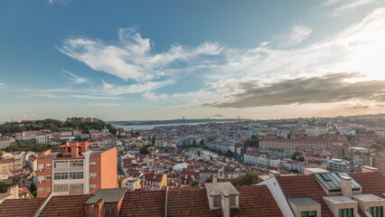 Obraz premium Panorama showing Lisbon famous aerial view from Miradouro da Senhora do Monte tourist viewpoint timelapse