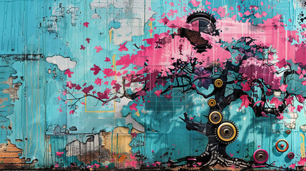 Fototapeta premium Wood, tree, nature, art, vintage background, products, enginer, generative, ai, steampunk, clock background, mechanical, pink, gold, gear, clock, movement, old