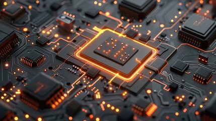 Fototapeta premium A close up of a computer chip with a bright orange glow. Generate AI image