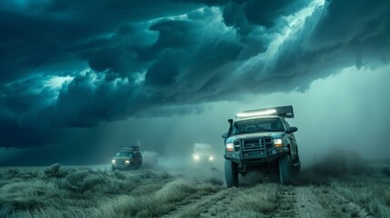 A convoy of storm-chasing vehicles moves through Tornado Alley, equipped with radar, cameras, and scientific instruments.