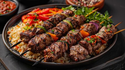 Turkish kebab plate with grilled meat skewers, rice pilaf, and grilled vegetables.