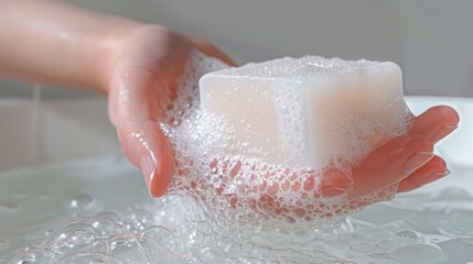Fototapeta premium Slippery texture of a sudsy soap bar, held in hand, illustrating the sensory feel of personal cleanliness
