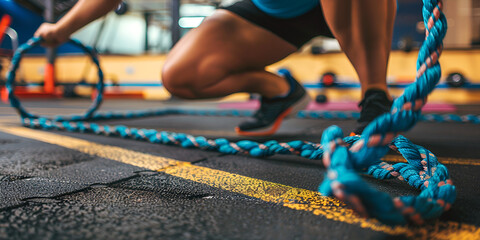  Intense Gym Workout Featuring Woman Exercising with Rope - Perfect for Fitness Enthusiasts and Training Concepts