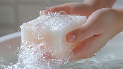 Obraz premium Sudsy and slippery soap bar in hand, highlighting the slick texture vital for effective personal hygiene