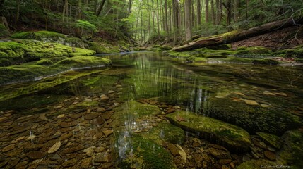 A crystal-clear stream winds through moss-covered rocks, reflecting the surrounding forest in its pristine waters.