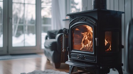 A black stove with a fire in it. The fire is orange and stove is in a living room. Generate AI image