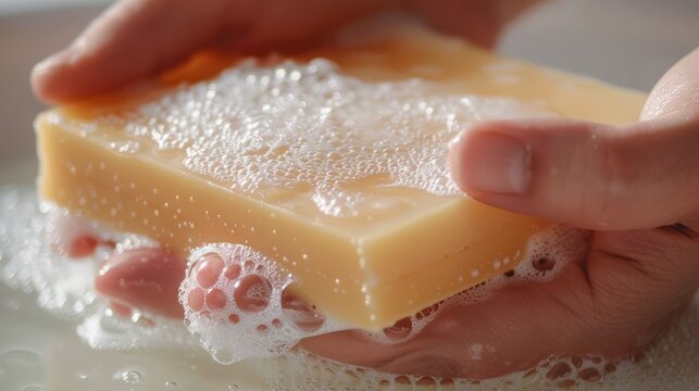 Wet, sudsy bar of soap in hand, its slippery texture emblematic of cleanliness and personal care