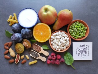 High fiber foods for healthy bowel. Healthy foods for intestine health. Diet and nutrition for...