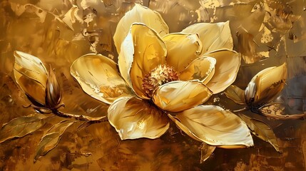 An oil painting, large golden magnolia flower, Generative AI illustrations. 