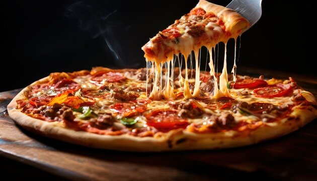 A delicious slice of pizza with various toppings being lifted up by a spatula.