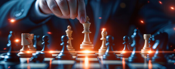 Close-up of a chess game in progress with a hand making a move, showcasing strategic thinking and decision-making in a competitive atmosphere.