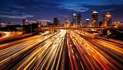 Obraz premium Urban Nighttime Scene: Long Exposure Cars and Traffic Lights on City Streets