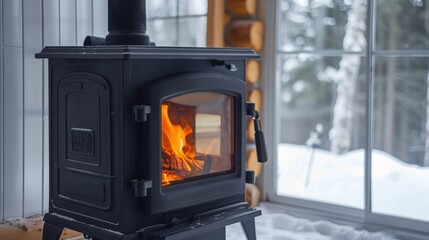 A black stove with a fire in it. The fire is orange and stove is in a living room. Generate AI image