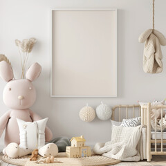 3D render of a mock-up frame in a cozy children's room with a white Scandinavian-style interior.