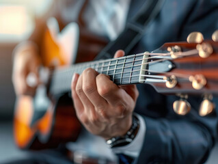 Fototapeta premium Close-up of person playing an acoustic guitar, focusing on fingers and strings. Perfect for music, performance, and education visuals.