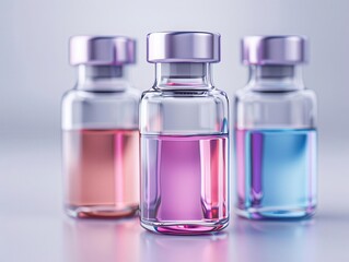 Close-up of three vials filled with colorful liquids in purple, pink, and blue hues on a light background.