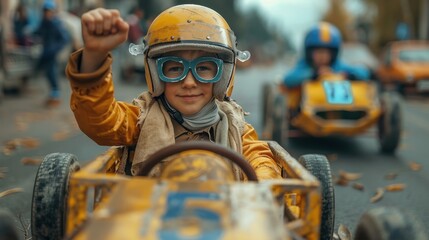 A young boy wearing glasses and protective gear is raising his fist in joy while participating in a kart race, conveying excitement and youthful exuberance.
