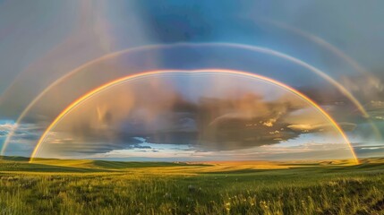 A double rainbow stretches across a wide-open prairie, the colors standing out against the vast, open sky.