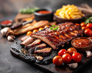 American barbecue with ribs, brisket, and sides, hearty and smoky copy space, comfort food, futuristic, Overlay, backyard cookout backdrop
