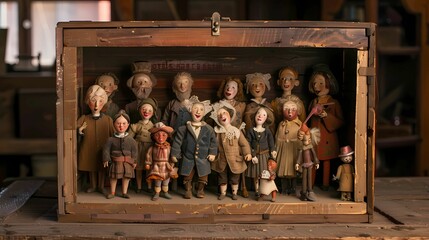 A vintage wooden box with wooden puppets in it like a diorama or like an assemblage, Generative AI illustrations. 