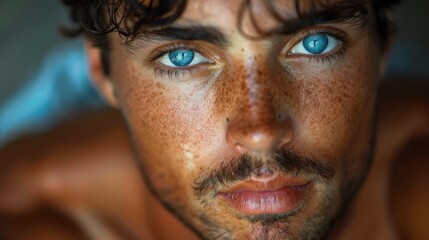 Obraz premium A close-up portrait captures a young man with blue eyes, shapely freckles, and intense gaze, embodying youth, beauty, and the intricate detail of human facial features up close.