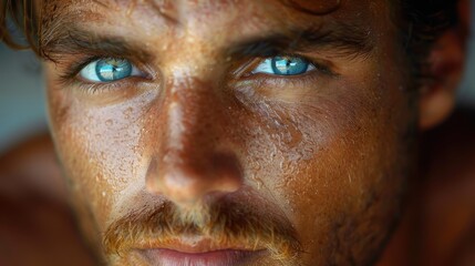 An intense close-up capturing a sweaty individual with a muscular physique, presumably after an intense workout or physical activity, highlighting determination and effort.