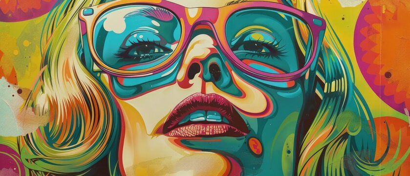 illustration of a happy fair-haired woman in sunglasses in a colourful psychedelic 1970s style ideal for retro and vintage-inspired designs and promotions