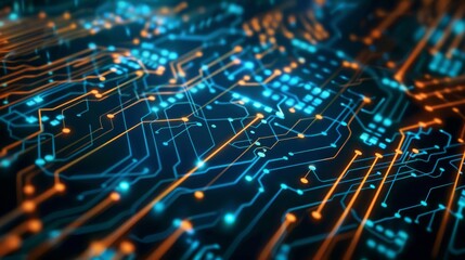 Obraz premium High-tech circuit board with glowing lines and nodes, representing modern technology and data connections.