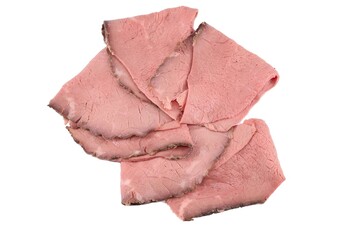 Folded slices of freshly cut roast beef  arranged on white background.
