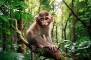 Macaque with its expressive eyes scan the surroundings, while its agile hands deftly maneuver among the leaves and branches.