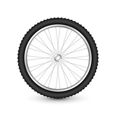 Fototapeta premium Realistic 3d bicycle wheel. Bike rubber tire, shiny metal spokes and rim. Fitness cycle, touring, sport, road and mountain bike. Vector illustration