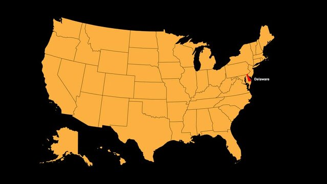 Delaware map animated video. Map Highlighted on the USA map colour with a transparent png background in video format.