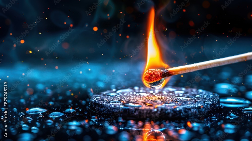 Poster a striking image of fire from a matchstick against a textured surface, showcasing the detailed flame