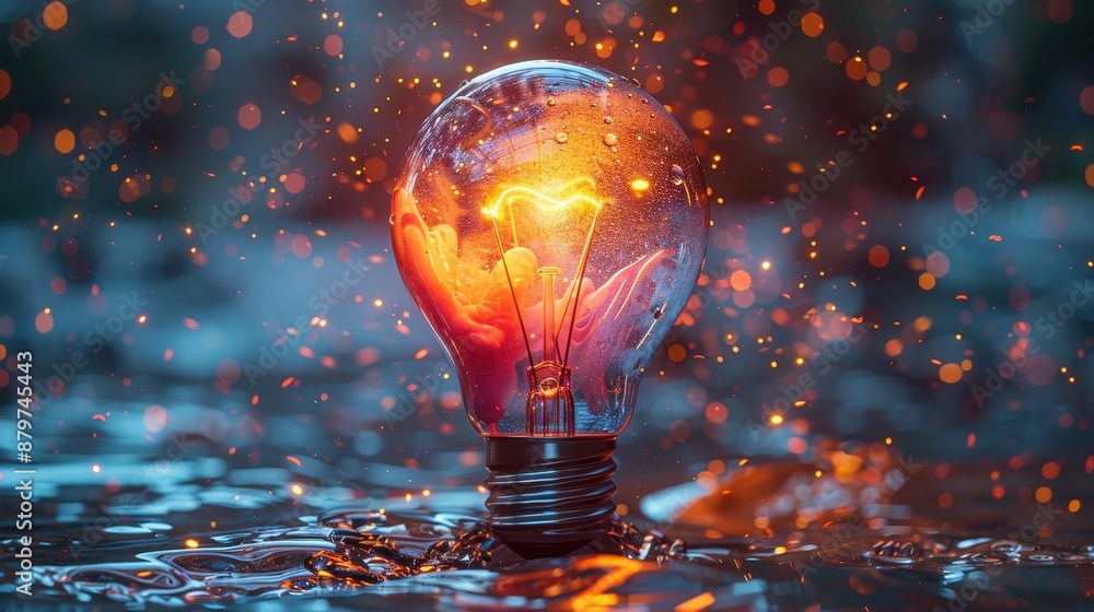 Poster a radiant light bulb glows warmly surrounded by splashes of vibrant and mixed colors, creating an ar