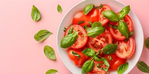 Tomato Salad with Fresh Basil Flat Lay on Pink Background. Concept Food Photography, Summer Recipe, Fresh Ingredients, Flat Lay Composition, Vibrant Colors