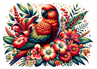 Red Lory Among Tropical Blooms