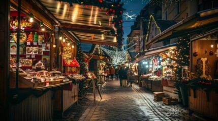 A festive Christmas market with stalls selling holiday treats and gifts