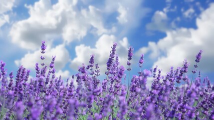 Naklejka premium A field of lavender stretches towards the sky, the vibrant purple flowers contrasting with the soft white fluffy clouds above.