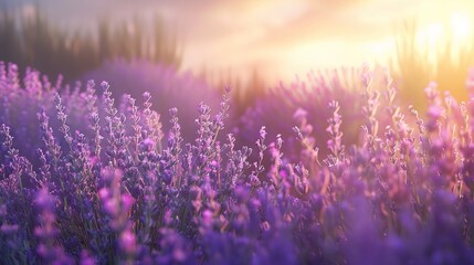 Naklejka premium A field of lavender sways gently in the breeze, releasing a soothing fragrance in the countryside background.
