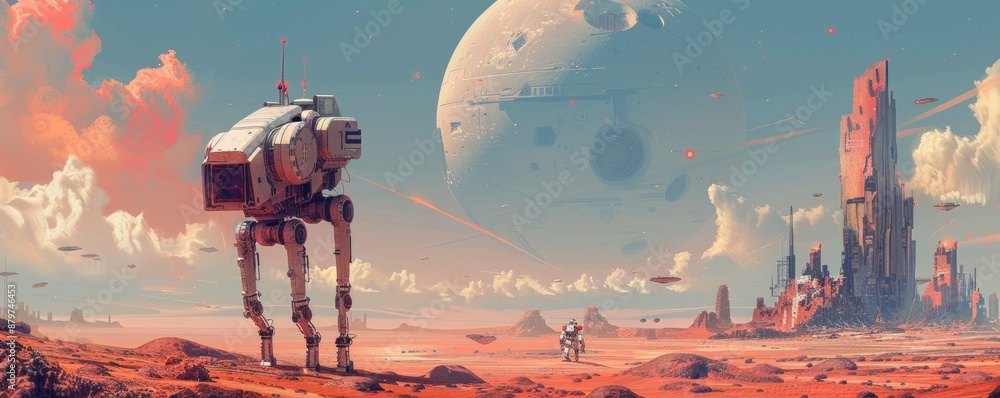 Poster a robot exploring a desolate alien world, its curiosity and resilience guiding its path.