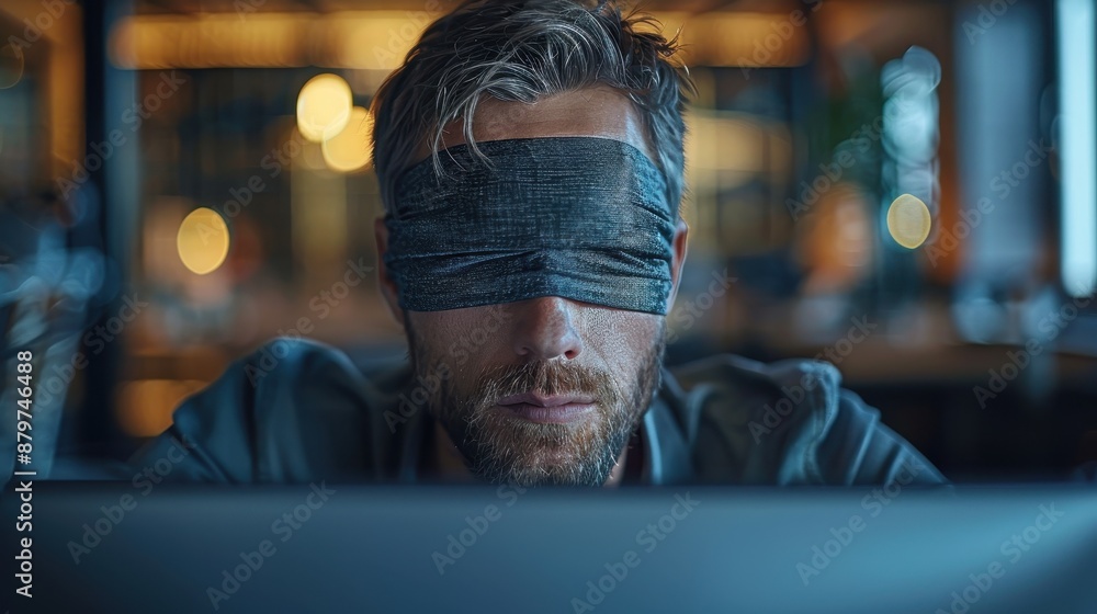 Poster a man with grey hair intensely focuses on his computer screen, working in a dimly lit environment th