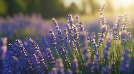A field of lavender sways gently in the breeze, releasing a soothing fragrance in the countryside background.